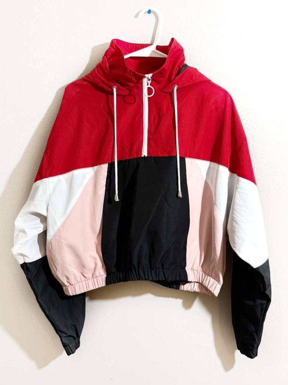 Topshop Color Block Quarter Zip Oversized Pullover Hooded Rain Cropped Jacket